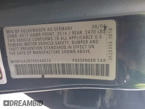 ✅ 2005 Volkswagen Passat GLX • VIN: WVWYU63B75E040674 • Lot: 43775934. Listed on IAAI with 272,182 mi. Free auction sales archive from the USA and detailed vehicle history report at DreamBid. Image 9.