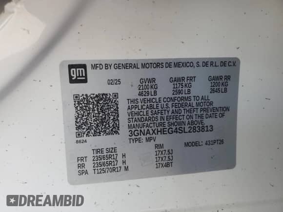 2025 Chevrolet Equinox FWD LT с VIN 3GNAXHEG4SL283813, выставлен на аукционе Copart как лот 59668905 с пробегом Не указан миль и На запчасти • Non repairable. История ставок и продаж доступна на DreamBid. Изображение 13.