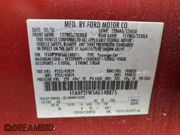 ✅ 2010 Ford Taurus Limited • VIN: 1FAHP2FW5AG148875 • Lot: 59106595. Listed on Copart with 218,500 mi. Free auction sales archive from the USA and detailed vehicle history report at DreamBid. Image 12.