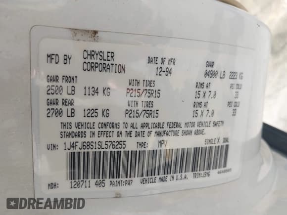 ✅ 1995 Jeep Cherokee Sport • VIN: 1J4FJ68S1SL576255 • Lot: 42178902. Listed on IAAI with 214,041 mi. Free auction sales archive from the USA and detailed vehicle history report at DreamBid. Image 9.