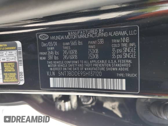 2025 Hyundai Santa Cruz SEL with VIN 5NTJBDDE9SH137120, listed as a Copart auction lot 56850295 with 1,693 mi miles and Salvage title. Bid and sale history available at DreamBid. Image 12.