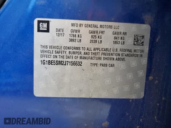 ✅ 2018 Chevrolet Cruze LT • VIN: 1G1BE5SM2J7156632 • Lot: 56020013. Listed on Copart with 78,095 mi. Free auction sales archive from the USA and detailed vehicle history report at DreamBid. Image 12.