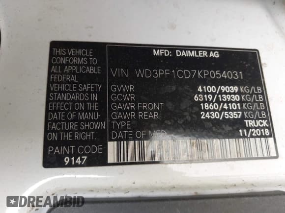 ✅ 2019 Mercedes-Benz Sprinter • VIN: WD3PF1CD7KP054031 • Lot: 42139891. Wystawiony na IAAI z przebiegiem 251 315 mil. Bezpłatny archiwum sprzedaży aukcyjnych z USA i szczegółowy raport historii pojazdu na DreamBid. Zdjęcie 9.