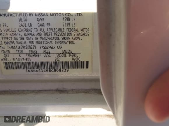 ✅ 2008 Nissan Maxima SE • VIN: 1N4BA41E68C808229 • Lot: 43090347. Listed on IAAI with 150,814 mi. Free auction sales archive from the USA and detailed vehicle history report at DreamBid. Image 9.