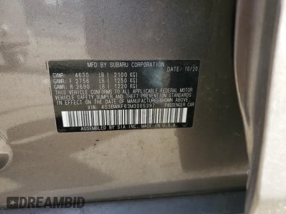 ✅ 2021 Subaru Legacy Premium • VIN: 4S3BWAF63M3005397 • Лот: 77991744. Опубликован ранее на Copart с пробегом 41 873 миль. Бесплатный доступ к архиву аукционных продаж из США и подробный отчёт об истории автомобиля на DreamBid. Изображение 14.