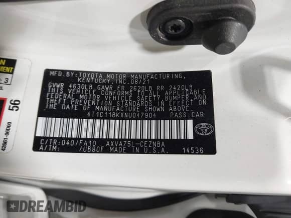 2022 Toyota Camry LE с VIN 4T1C11BKXNU047904, выставлен на аукционе IAAI как лот 42875873 с пробегом 10 828 миль миль и . История ставок и продаж доступна на DreamBid. Изображение 9.