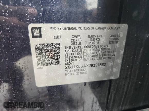 2018 Chevrolet Impala LS with VIN 2G11X5SAXJ9137563, listed as a Copart auction lot 65419975 with 65,245 mi miles and Salvage title. Bid and sale history available at DreamBid. Image 12.