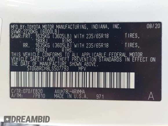 ✅ 2020 Toyota Highlander Hybrid XLE • VIN: 5TDGBRCH8LS507793 • Lot: 43505365. Listed on IAAI with 153,748 mi. Free auction sales archive from the USA and detailed vehicle history report at DreamBid. Image 9.