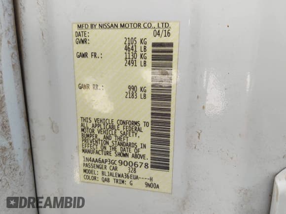 ✅ 2016 Nissan Maxima SV • VIN: 1N4AA6AP3GC900678 • Lot: 41837485. Listed on IAAI with 77,930 mi. Free auction sales archive from the USA and detailed vehicle history report at DreamBid. Image 9.