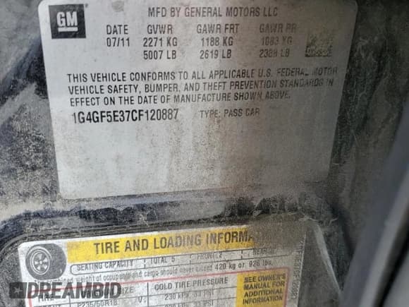 ✅ 2012 Buick LaCrosse Premium 2 • VIN: 1G4GF5E37CF120887 • Lot: 70140465. Listed on Copart with 265,886 mi. Free auction sales archive from the USA and detailed vehicle history report at DreamBid. Image 12.