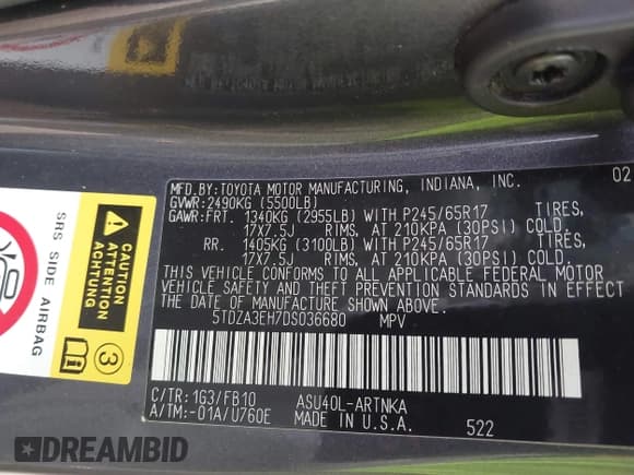 ✅ 2013 Toyota Highlander • VIN: 5TDZA3EH7DS036680 • Lot: 42926343. Listed on IAAI with 176,260 mi. Free auction sales archive from the USA and detailed vehicle history report at DreamBid. Image 9.