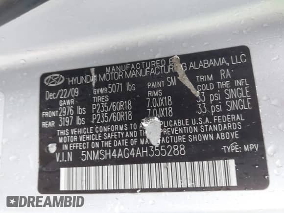 2010 Hyundai Santa Fe SE с VIN 5NMSH4AG4AH355288, выставлен на аукционе IAAI как лот 43396362 с пробегом 221 786 миль миль и . История ставок и продаж доступна на DreamBid. Изображение 9.