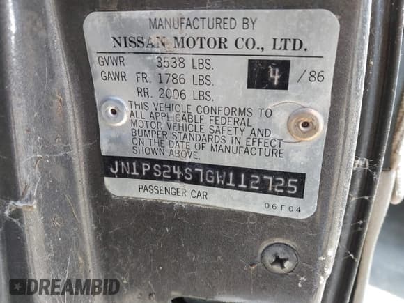 ✅ 1986 Nissan 200SX • VIN: JN1PS24S7GW112725 • Лот: 42533555. Опубликован ранее на IAAI с пробегом 74 240 миль. Бесплатный доступ к архиву аукционных продаж из США и подробный отчёт об истории автомобиля на DreamBid. Изображение 9.