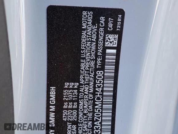 ✅ 2021 BMW M4 Competition • VIN: WBS33AZ05MCH43508 • Lot: 66529012. Listed on Copart with 10,849 mi. Free auction sales archive from the USA and detailed vehicle history report at DreamBid. Image 10.