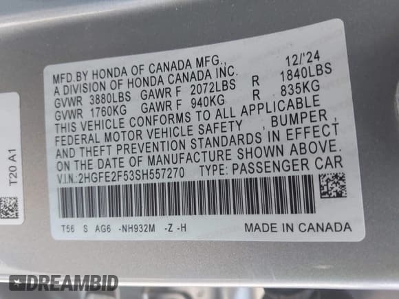 ✅ 2025 Honda Civic Sport • VIN: 2HGFE2F53SH557270 • Lot: 43188130. Listed on IAAI with 12,466 mi. Free auction sales archive from the USA and detailed vehicle history report at DreamBid. Image 9.