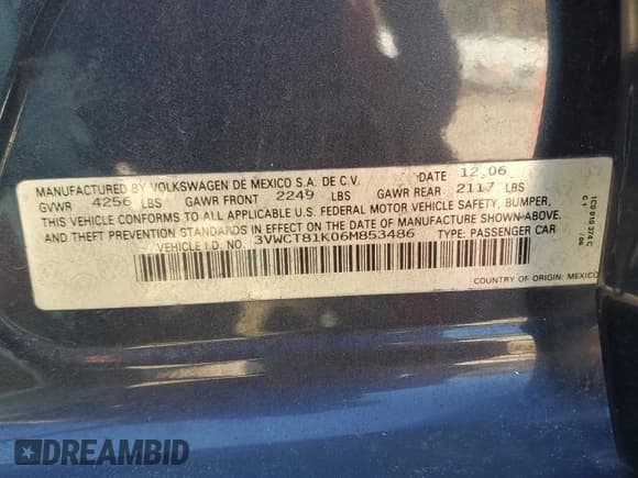 ✅ 2006 Volkswagen Jetta Edition • VIN: 3VWCT81K06M853486 • Lot: 86832795. Wystawiony na Copart z przebiegiem 261 870 mil. Bezpłatny archiwum sprzedaży aukcyjnych z USA i szczegółowy raport historii pojazdu na DreamBid. Zdjęcie 12.