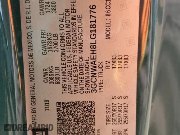 ✅ 2020 Chevrolet Silverado 1500 Work Truck • VIN: 3GCNWAEH8LG181776 • Lot: 83840815. Listed on Copart with 54,090 mi. Free auction sales archive from the USA and detailed vehicle history report at DreamBid. Image 12.