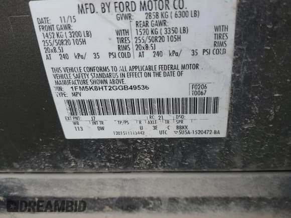 ✅ 2016 Ford Explorer Platinum • VIN: 1FM5K8HT2GGB49536 • Lot: 91513095. Listed on Copart with 185,216 mi. Free auction sales archive from the USA and detailed vehicle history report at DreamBid. Image 13.