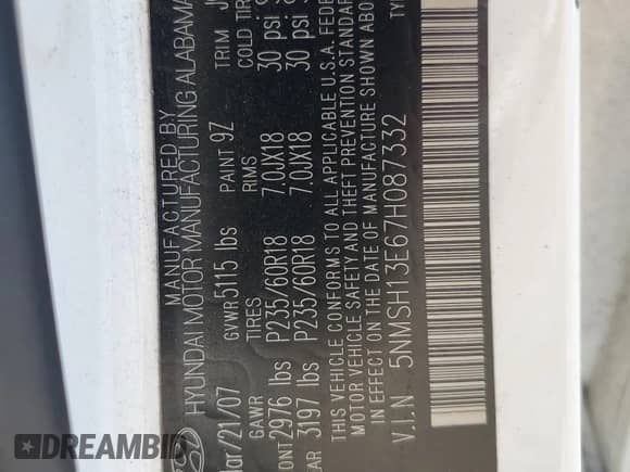 2007 Hyundai Santa Fe SE z VIN 5NMSH13E67H087332, wystawiony jako Copart lot #75634064 z przebiegiem 146 867 mil mil oraz Czysty tytuł • Clean title. Historia ofert i sprzedaży dostępna na DreamBid. Obrazek 13.