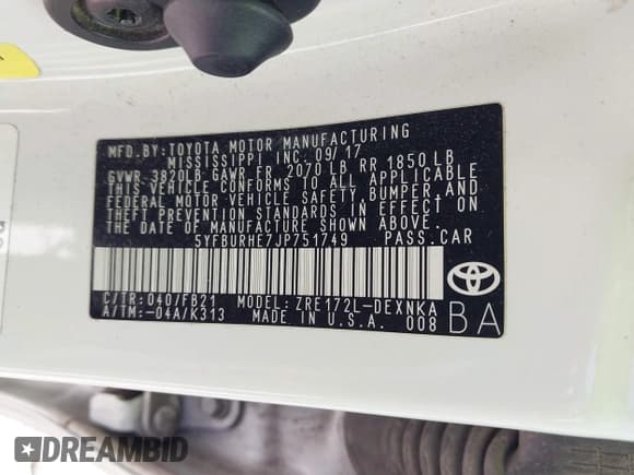 ✅ 2018 Toyota Corolla L • VIN: 5YFBURHE7JP751749 • Lot: 43352675. Wystawiony na IAAI z przebiegiem 203 953 mil. Bezpłatny archiwum sprzedaży aukcyjnych z USA i szczegółowy raport historii pojazdu na DreamBid. Zdjęcie 9.