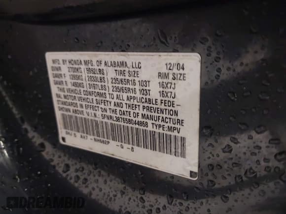 ✅ 2005 Honda Odyssey EX-L • VIN: 5FNRL38765B044868 • Lot: 43543067. Wystawiony na IAAI z przebiegiem 217 317 mil. Bezpłatny archiwum sprzedaży aukcyjnych z USA i szczegółowy raport historii pojazdu na DreamBid. Zdjęcie 9.