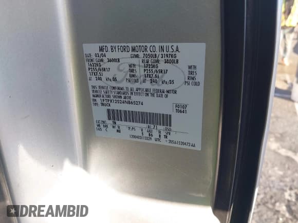 ✅ 2004 Ford F-150 • VIN: 1FTHX12524NB65274 • Lot: 43811417. Wystawiony na IAAI z przebiegiem 236 297 mil. Bezpłatny archiwum sprzedaży aukcyjnych z USA i szczegółowy raport historii pojazdu na DreamBid. Zdjęcie 9.