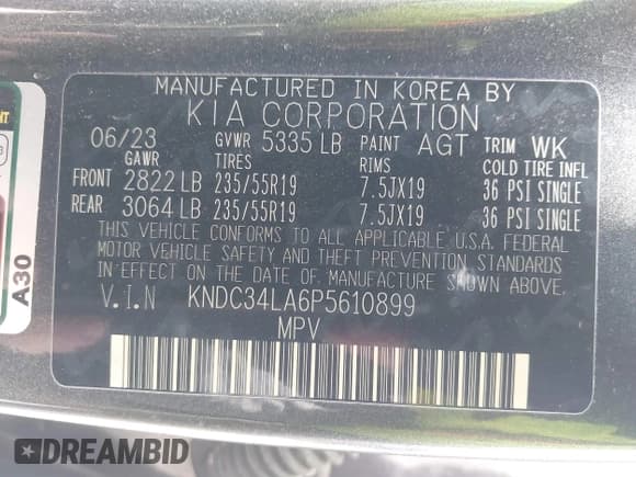 ✅ 2023 Kia EV6 Wind • VIN: KNDC34LA6P5610899 • Lot: 41730242. Listed on IAAI with 63,143 mi. Free auction sales archive from the USA and detailed vehicle history report at DreamBid. Image 9.