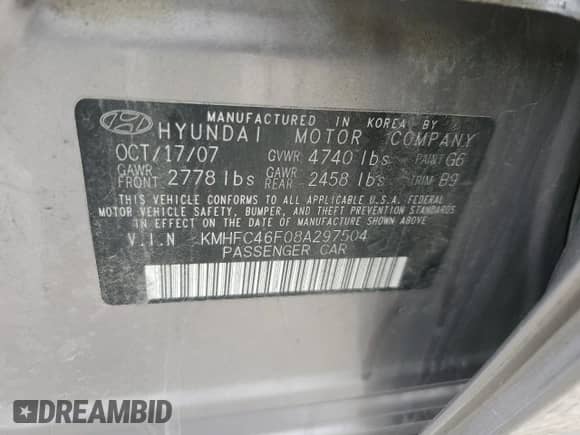 2008 Hyundai Azera Limited с VIN KMHFC46F08A297504, выставлен на аукционе Copart как лот 55467735 с пробегом 274 384 миль миль и Списание • Salvage title. История ставок и продаж доступна на DreamBid. Изображение 12.