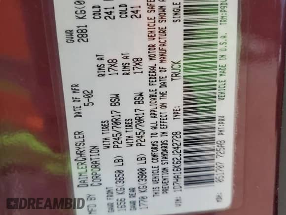 2002 Dodge 1500 с VIN 1D7HA16K62J242728, выставлен на аукционе Copart как лот 67592184 с пробегом 200 869 миль миль и Списание • Salvage title. История ставок и продаж доступна на DreamBid. Изображение 12.