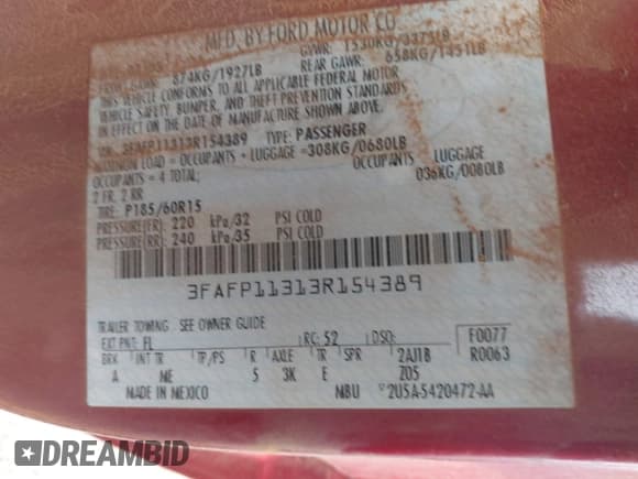 ✅ 2003 Ford ZX2 ZX2 Standard • VIN: 3FAFP11313R154389 • Lot: 42780645. Wystawiony na IAAI z przebiegiem 86 817 mil. Bezpłatny archiwum sprzedaży aukcyjnych z USA i szczegółowy raport historii pojazdu na DreamBid. Zdjęcie 9.