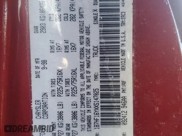 ✅ 1999 Dodge 1500 • VIN: 1B7HF16YXXS147025 • Lot: 88819195. Listed on Copart with 76,714 mi. Free auction sales archive from the USA and detailed vehicle history report at DreamBid. Image 12.