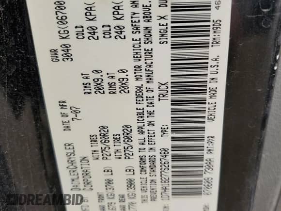 2007 Dodge 1500 SLT with VIN 1D7HA18277S267460, listed as a Copart auction lot 69824424 with 249,567 mi miles and Salvage title. Bid and sale history available at DreamBid. Image 12.