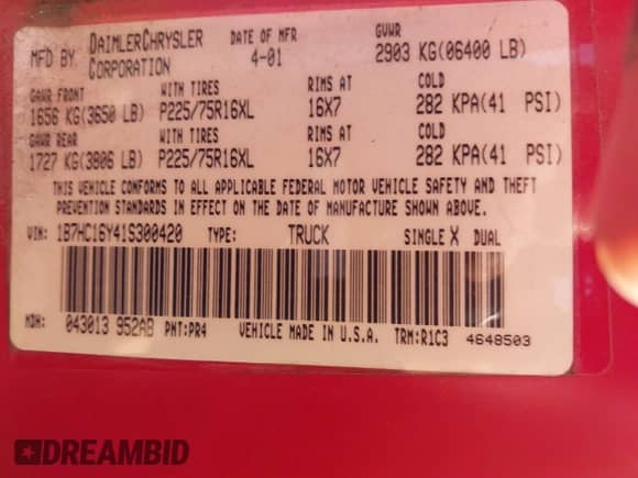 2001 Dodge 1500 with VIN 1B7HC16Y41S300420, listed as a IAAI auction lot 41892741 with 230,507 mi miles and . Bid and sale history available at DreamBid. Image 9.