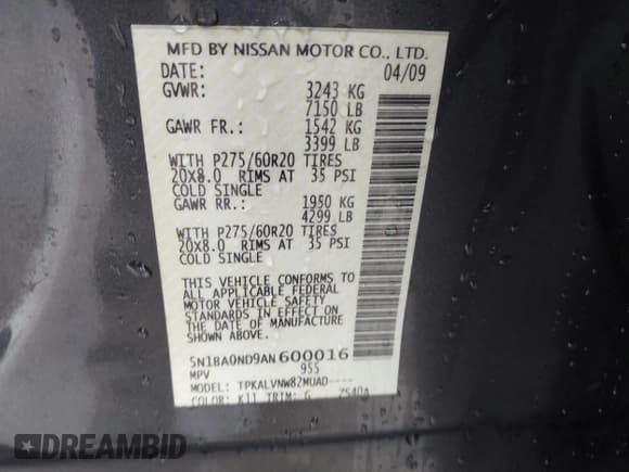 ✅ 2010 Nissan Armada Titanium • VIN: 5N1BA0ND9AN600016 • Lot: 41448861. Listed on IAAI with 150,956 mi. Free auction sales archive from the USA and detailed vehicle history report at DreamBid. Image 9.
