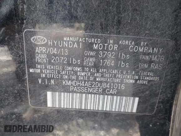 ✅ 2013 Hyundai Elantra GLS • VIN: KMHDH4AE2DU841016 • Lot: 43464293. Listed on IAAI with 192,187 mi. Free auction sales archive from the USA and detailed vehicle history report at DreamBid. Image 9.