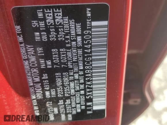 ✅ 2012 Hyundai Santa Fe Limited • VIN: 5XYZK3AB8CG144509 • Lot: 73309644. Listed on Copart with 110,629 mi. Free auction sales archive from the USA and detailed vehicle history report at DreamBid. Image 15.