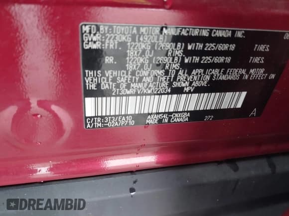 ✅ 2019 Toyota RAV4 Hybrid Limited • VIN: 2T3DWRFV7KW022034 • Lot: 43729520. Listed on IAAI with 36,321 mi. Free auction sales archive from the USA and detailed vehicle history report at DreamBid. Image 9.