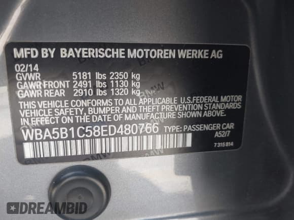 ✅ 2014 BMW 5 Series 535i • VIN: WBA5B1C58ED480766 • Lot: 43060040. Listed on IAAI with 140,941 mi. Free auction sales archive from the USA and detailed vehicle history report at DreamBid. Image 9.