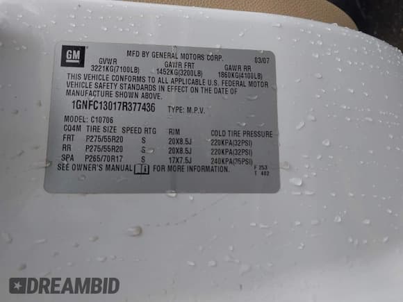 ✅ 2007 Chevrolet Tahoe LT • VIN: 1GNFC13017R377436 • Lot: 42924253. Listed on IAAI with 361,942 mi. Free auction sales archive from the USA and detailed vehicle history report at DreamBid. Image 9.