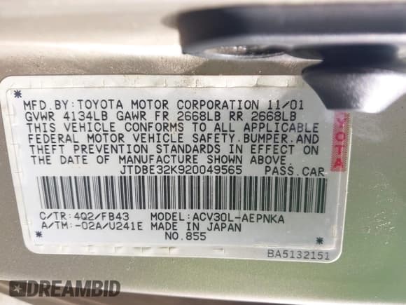 ✅ 2002 Toyota Camry LE • VIN: JTDBE32K920049565 • Lot: 43593947. Listed on IAAI with 184,908 mi. Free auction sales archive from the USA and detailed vehicle history report at DreamBid. Image 9.