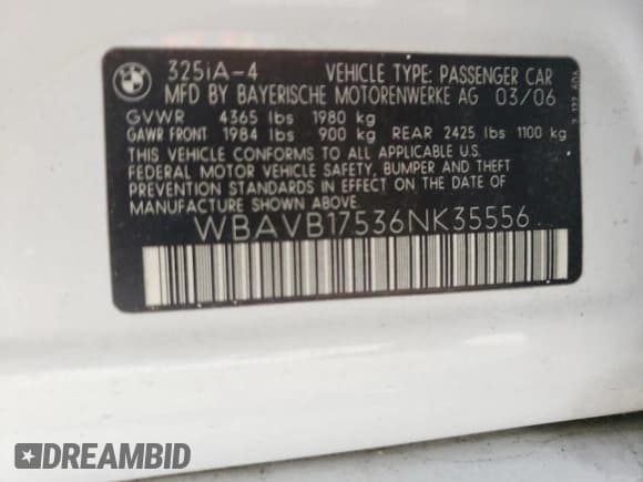 ✅ 2006 BMW 3 Series 325i • VIN: WBAVB17536NK35556 • Lot: 55650085. Wystawiony na Copart z przebiegiem 149 964 mil. Bezpłatny archiwum sprzedaży aukcyjnych z USA i szczegółowy raport historii pojazdu na DreamBid. Zdjęcie 12.