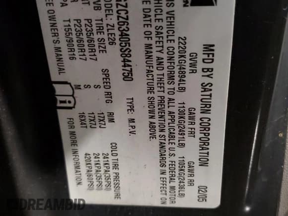 ✅ 2005 Saturn VUE • VIN: 5GZCZ63405S844750 • Лот: 85764634. Опубликован ранее на Copart с пробегом 59 336 миль. Бесплатный доступ к архиву аукционных продаж из США и подробный отчёт об истории автомобиля на DreamBid. Изображение 13.