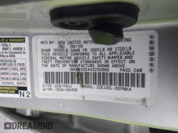 ✅ 2004 Toyota Corolla LE • VIN: 1NXBR32E44Z250988 • Lot: 43713361. Listed on IAAI with 175,205 mi. Free auction sales archive from the USA and detailed vehicle history report at DreamBid. Image 9.