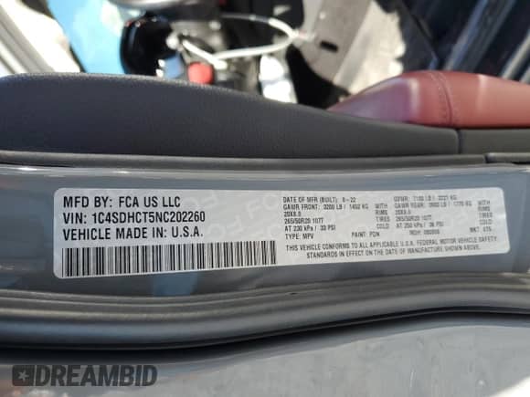 2022 Dodge Durango R/T with VIN 1C4SDHCT5NC202260, listed as a Copart auction lot 90453335 with 39,603 mi miles and Clean title. Bid and sale history available at DreamBid. Image 14.