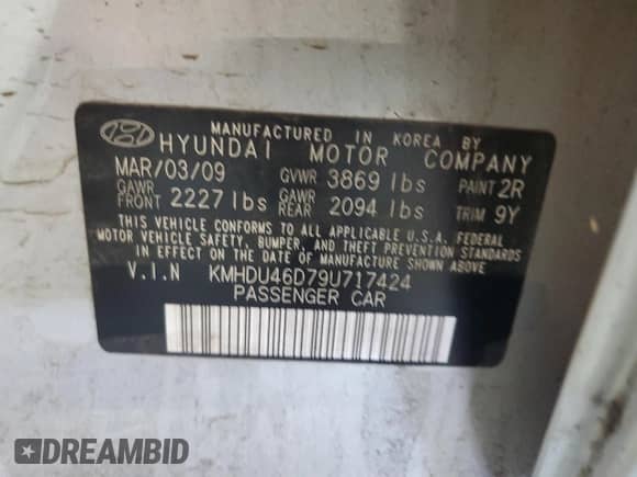 2009 Hyundai Elantra GLS z VIN KMHDU46D79U717424, wystawiony jako Copart lot #71997984 z przebiegiem 127 322 mil mil oraz Szkoda całkowita • Salvage title. Historia ofert i sprzedaży dostępna na DreamBid. Obrazek 12.