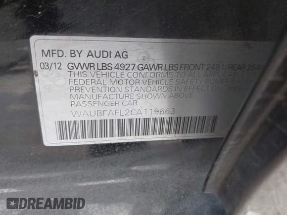 ✅ 2012 Audi A4 Premium • VIN: WAUBFAFL2CA119663 • Lot: 42802688. Listed on IAAI with 114,715 mi. Free auction sales archive from the USA and detailed vehicle history report at DreamBid. Image 9.