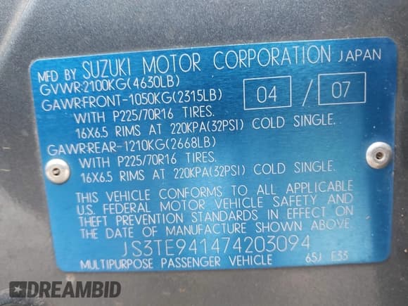 ✅ 2007 Suzuki Grand Vitara • VIN: JS3TE941474203094 • Лот: 42092310. Опубликован ранее на IAAI с пробегом 176 903 миль. Бесплатный доступ к архиву аукционных продаж из США и подробный отчёт об истории автомобиля на DreamBid. Изображение 9.