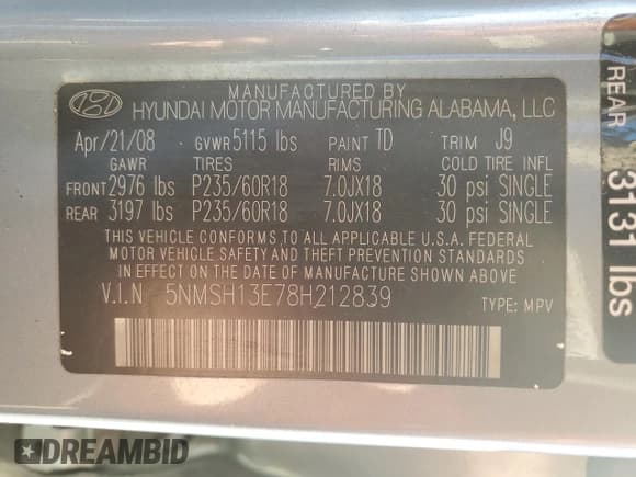 ✅ 2008 Hyundai Santa Fe SE • VIN: 5NMSH13E78H212839 • Lot: 80702434. Listed on Copart with 79,171 mi. Free auction sales archive from the USA and detailed vehicle history report at DreamBid. Image 13.