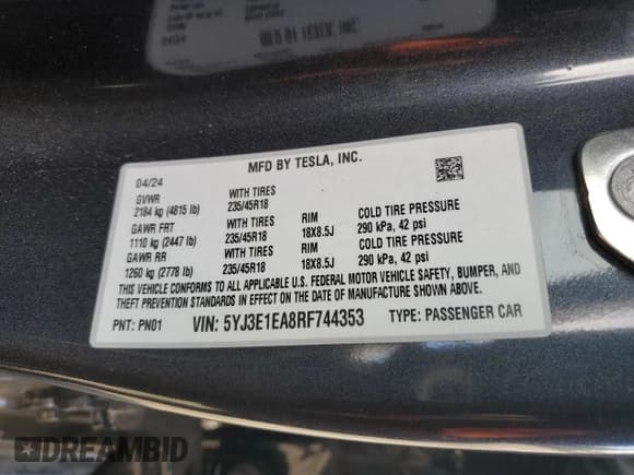 ✅ 2024 Tesla Model 3 • VIN: 5YJ3E1EA8RF744353 • Лот: 85215934. Опубликован ранее на Copart с пробегом 2 423 миль. Бесплатный доступ к архиву аукционных продаж из США и подробный отчёт об истории автомобиля на DreamBid. Изображение 15.