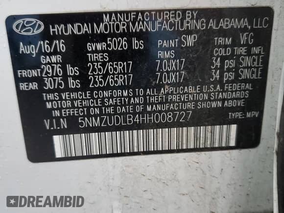 ✅ 2017 Hyundai Santa Fe 2.4L • VIN: 5NMZUDLB4HH008727 • Lot: 71841352. Wystawiony na Copart z przebiegiem 84 881 mil mil. Skorzystaj z bezpłatnego archiwum sprzedaży aukcyjnych z USA i zobacz szczegółowy raport historii pojazdu na DreamBid. Zdjęcie 13.